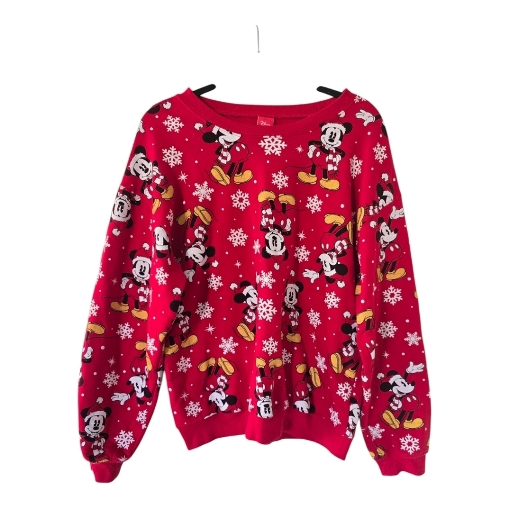 Disney Sweatshirt Women Red Sz L  Mickey Mouse Novelty Snokflakes Print … - Picture 2 of 9